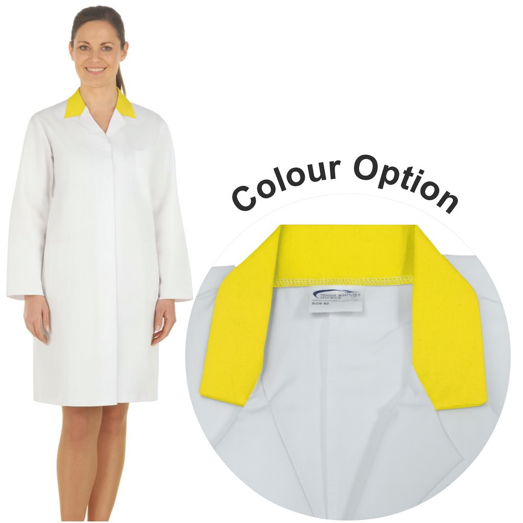 Ladies White Lab Coat with Yellow Coloured Collar