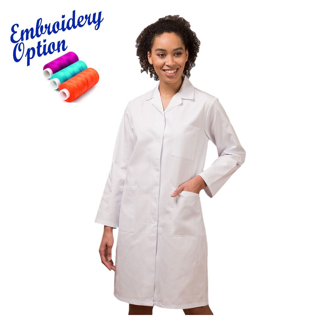 Embroidered Ladies White Lab Coat - 245gm Polyester cotton