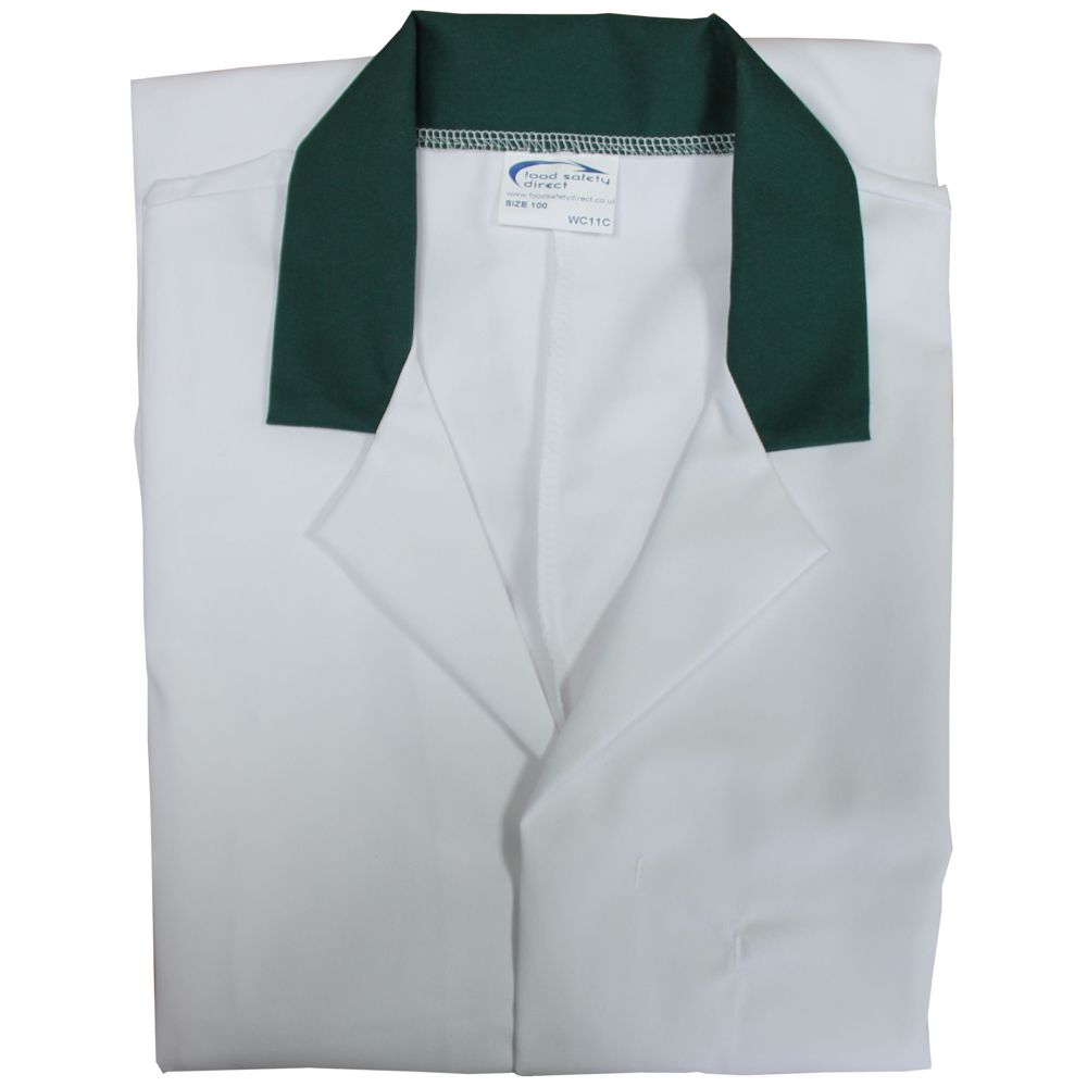 White Food Trade Coat with Green Coloured Collar - Men's (Unisex)