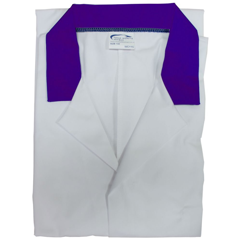 White Men's (Unisex) Food Trade Coat with Purple Coloured Collar