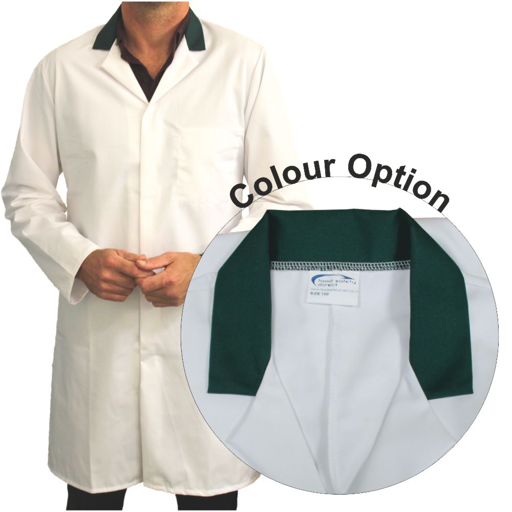 White Men's (Unisex) Food Trade Coat with Green Coloured Collar
