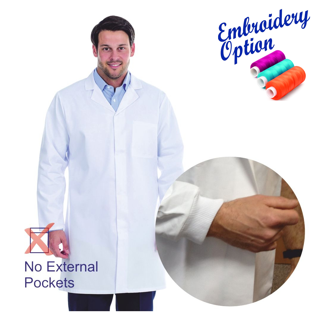 Embroidered White Food Trade Coat with Knitted Cuffs (No External Pockets)