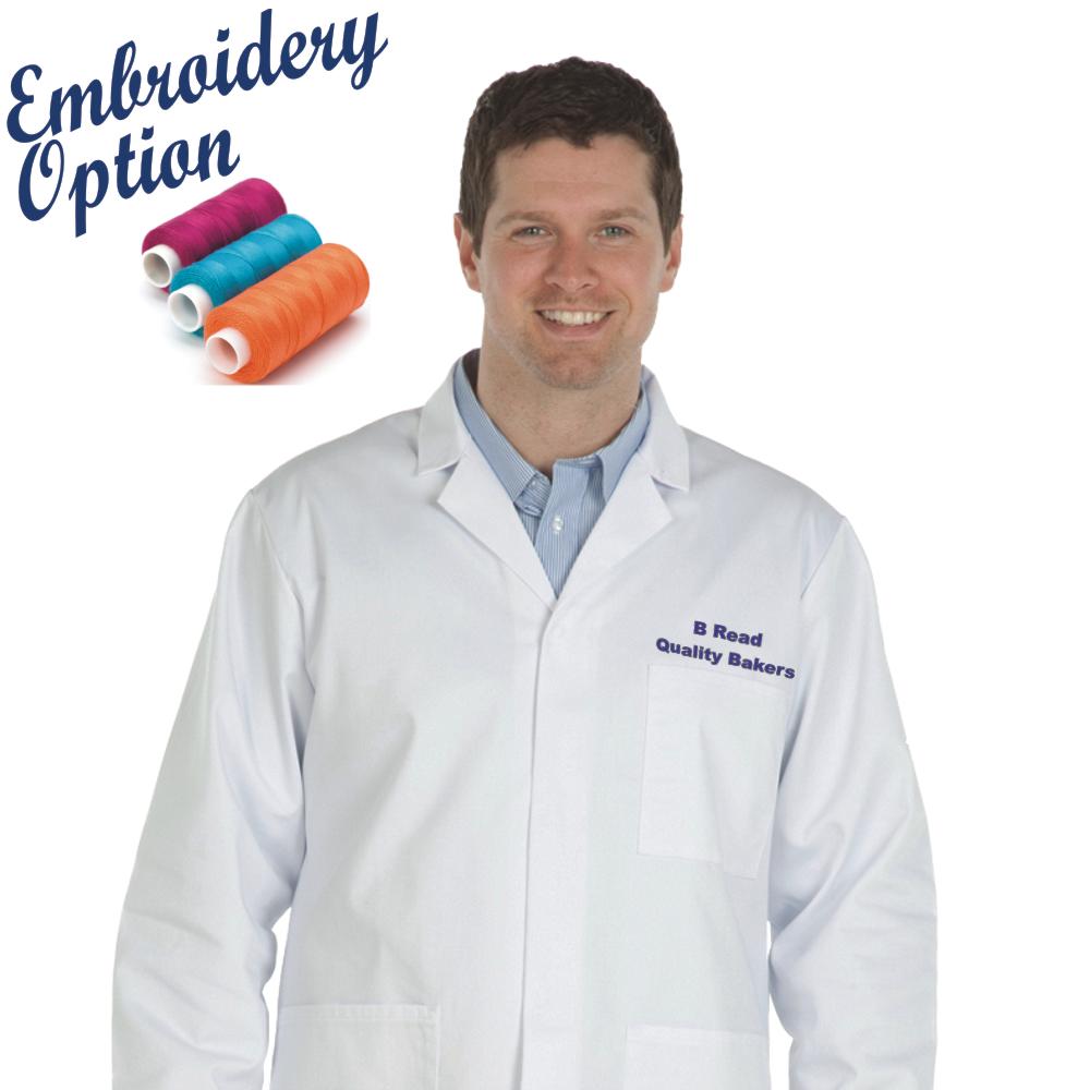 Embroidered Men's White Lab Coat - 245gm Polyester cotton