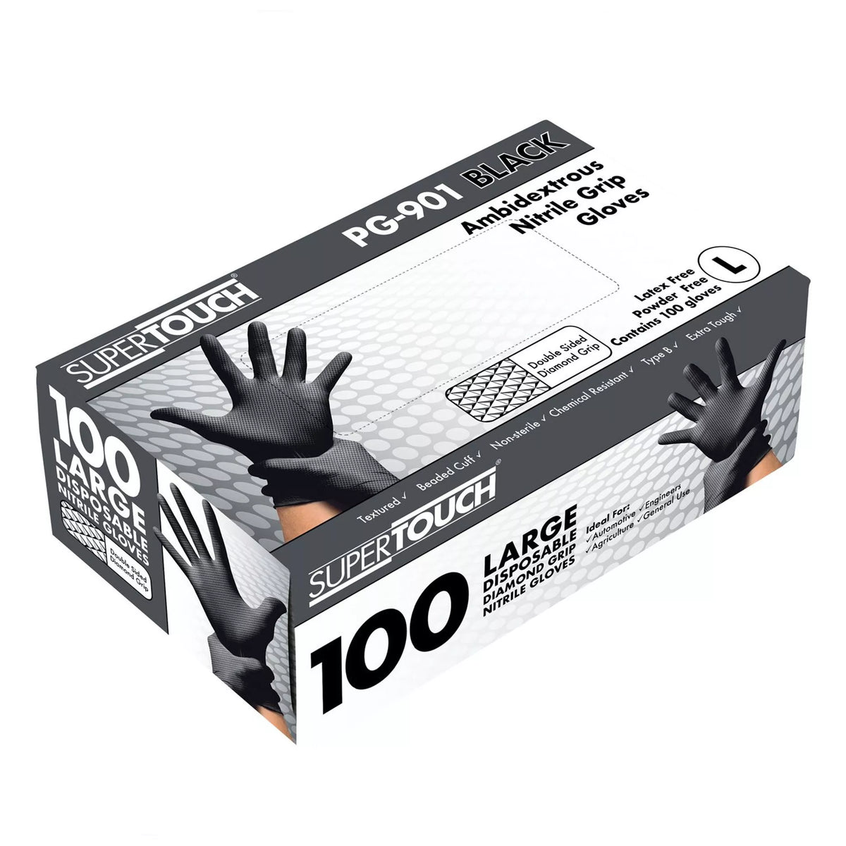 Box of x100 Supertouch Black Disposable Nitrile Diamond Grip Gloves