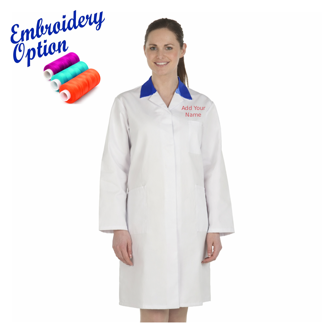 Embroidered Ladies White Lab Coat with Coloured Collar