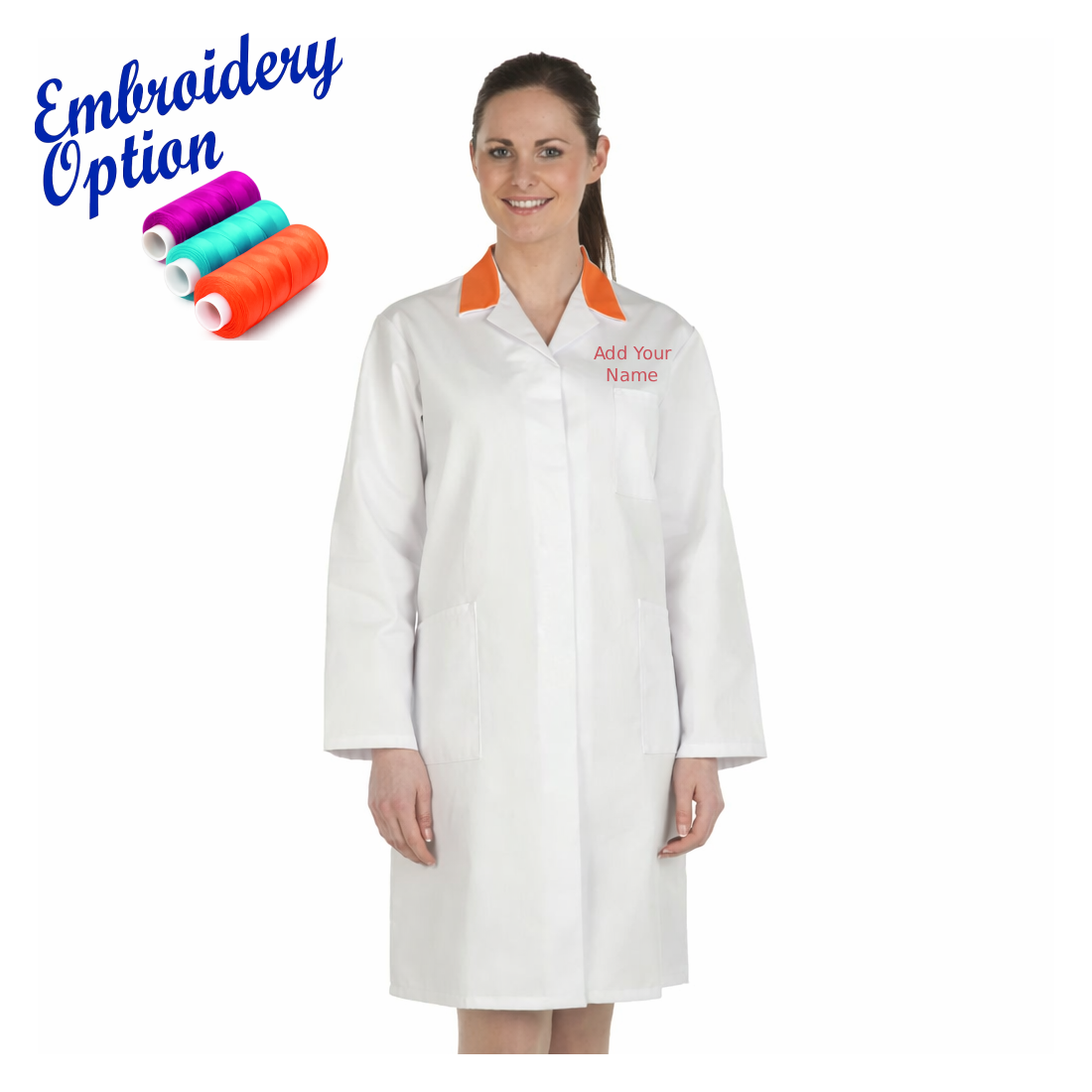 Embroidered Ladies White Lab Coat with Coloured Collar