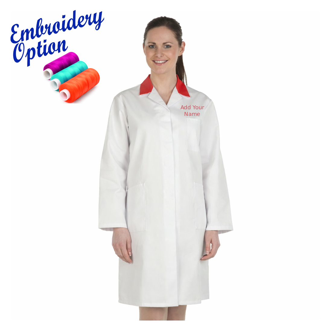 Embroidered Ladies White Lab Coat with Coloured Collar