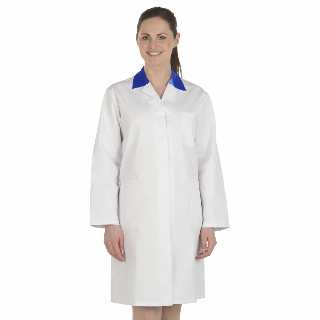 Ladies White Lab Coat with Royal Blue Coloured Collar