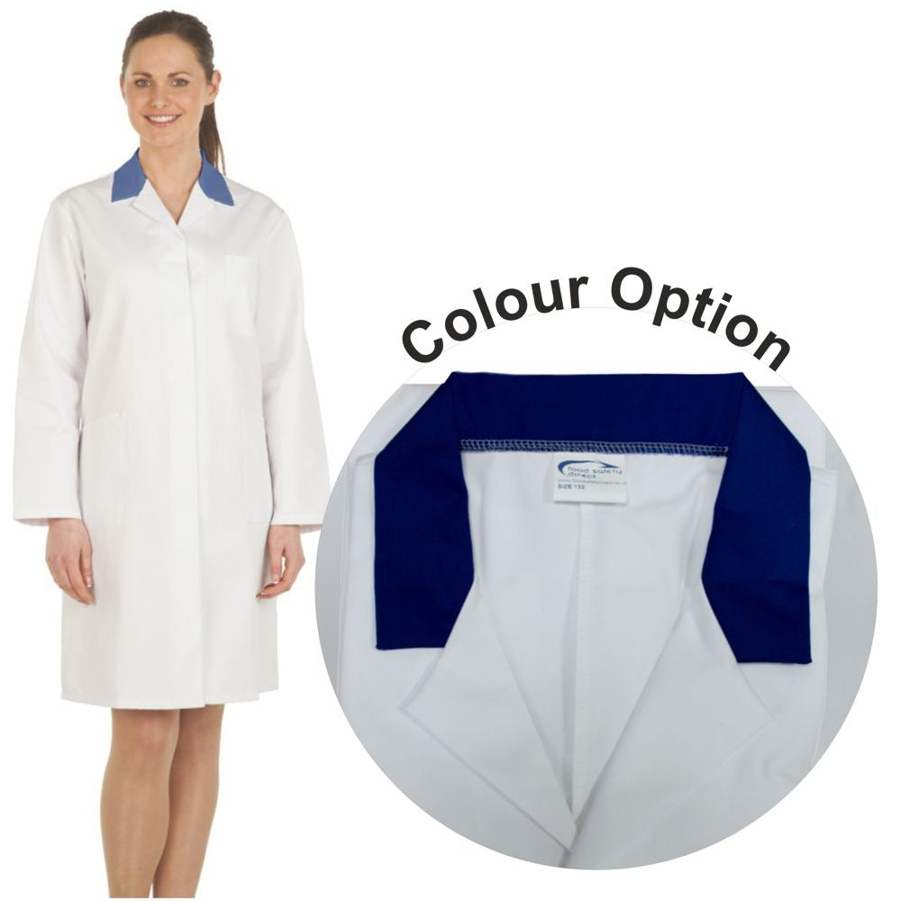 Ladies White Lab Coat with Navy Coloured Collar