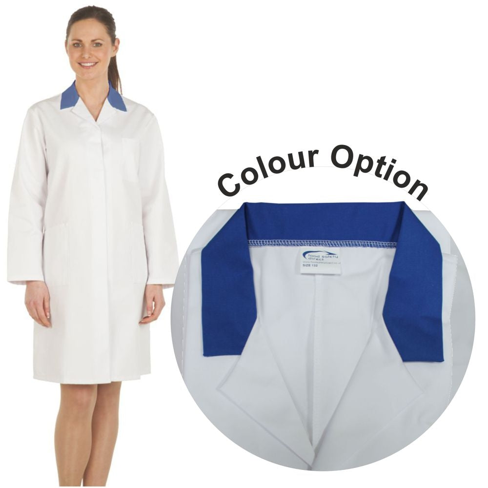 Ladies White Lab Coat with Royal Blue Coloured Collar