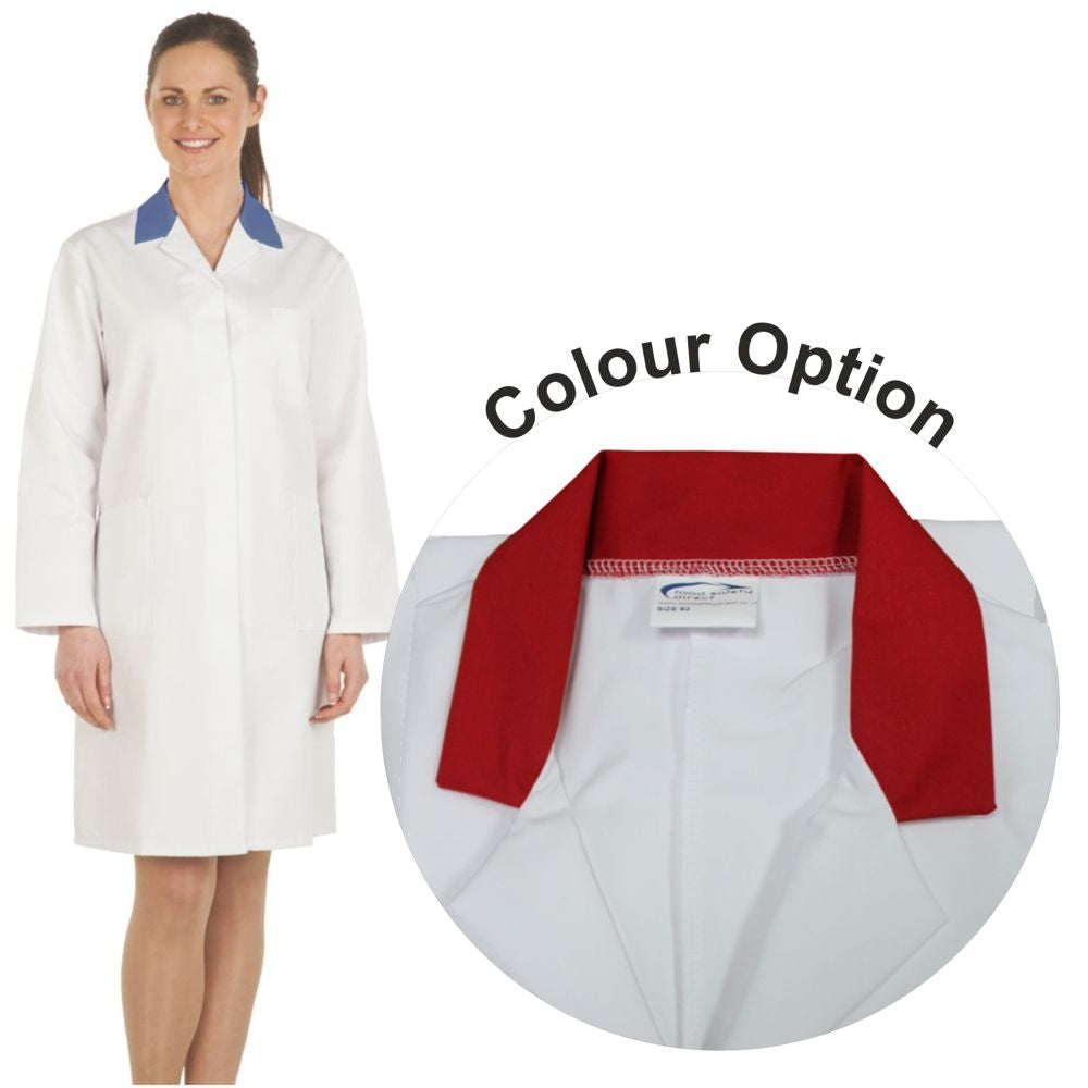 Ladies White Lab Coat with Red Coloured Collar