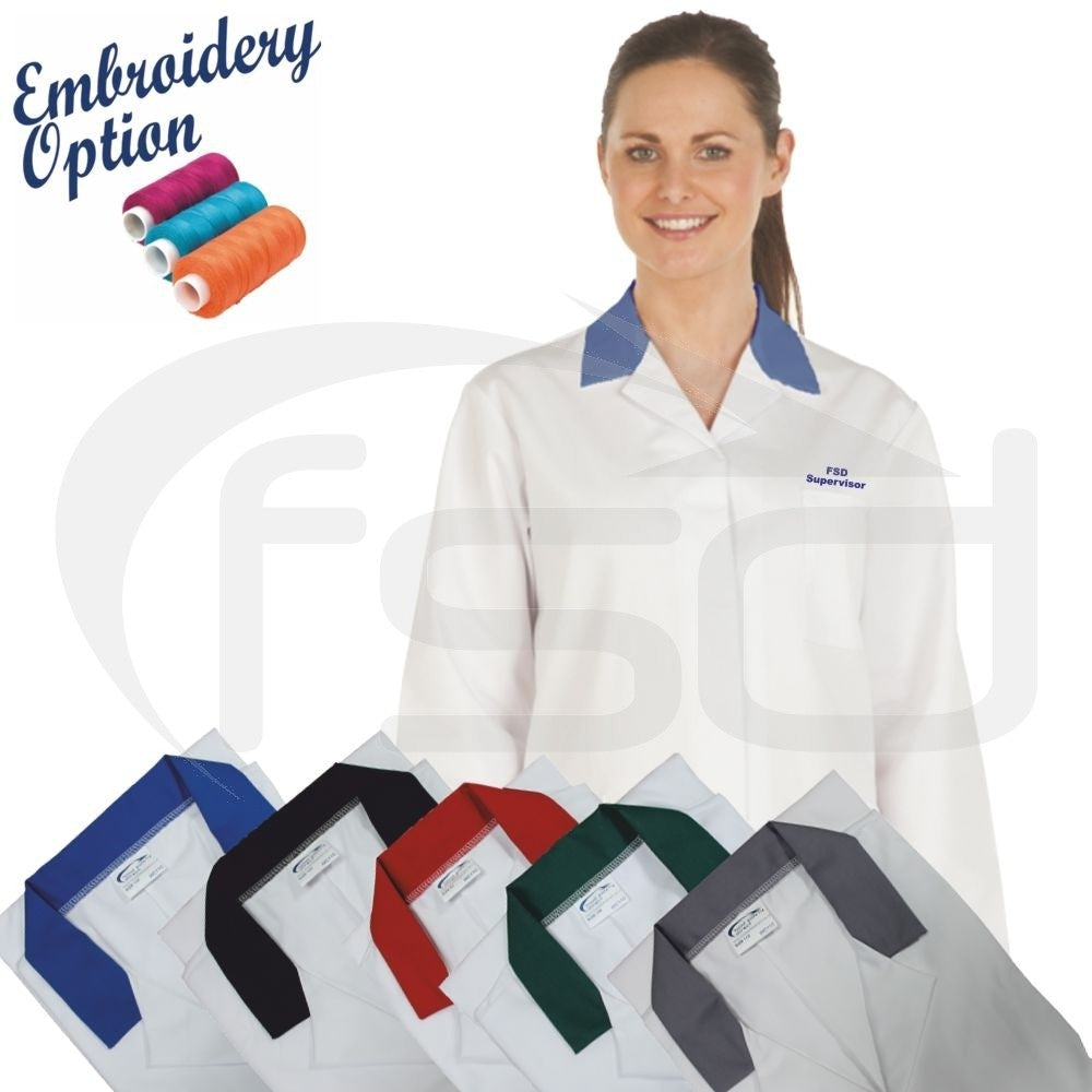 Embroidered Ladies White Lab Coat with Coloured Collar
