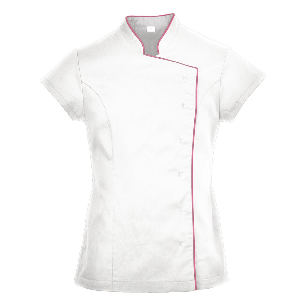 Ladies Wrap Beauty Tunic (White with Pink Piping)