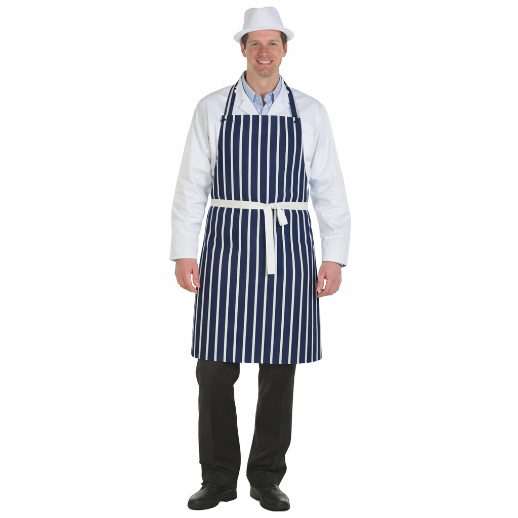 Person wearing a navy and white striped apron on a white background