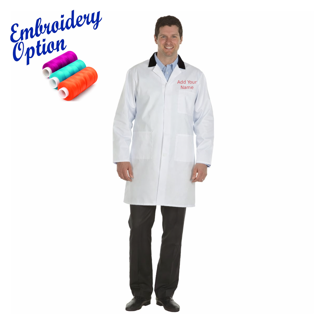 Embroidered Men's White Lab Coat with Coloured Collar