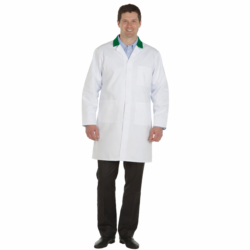 White Men's (Unisex) Lab Coat with Green Collar