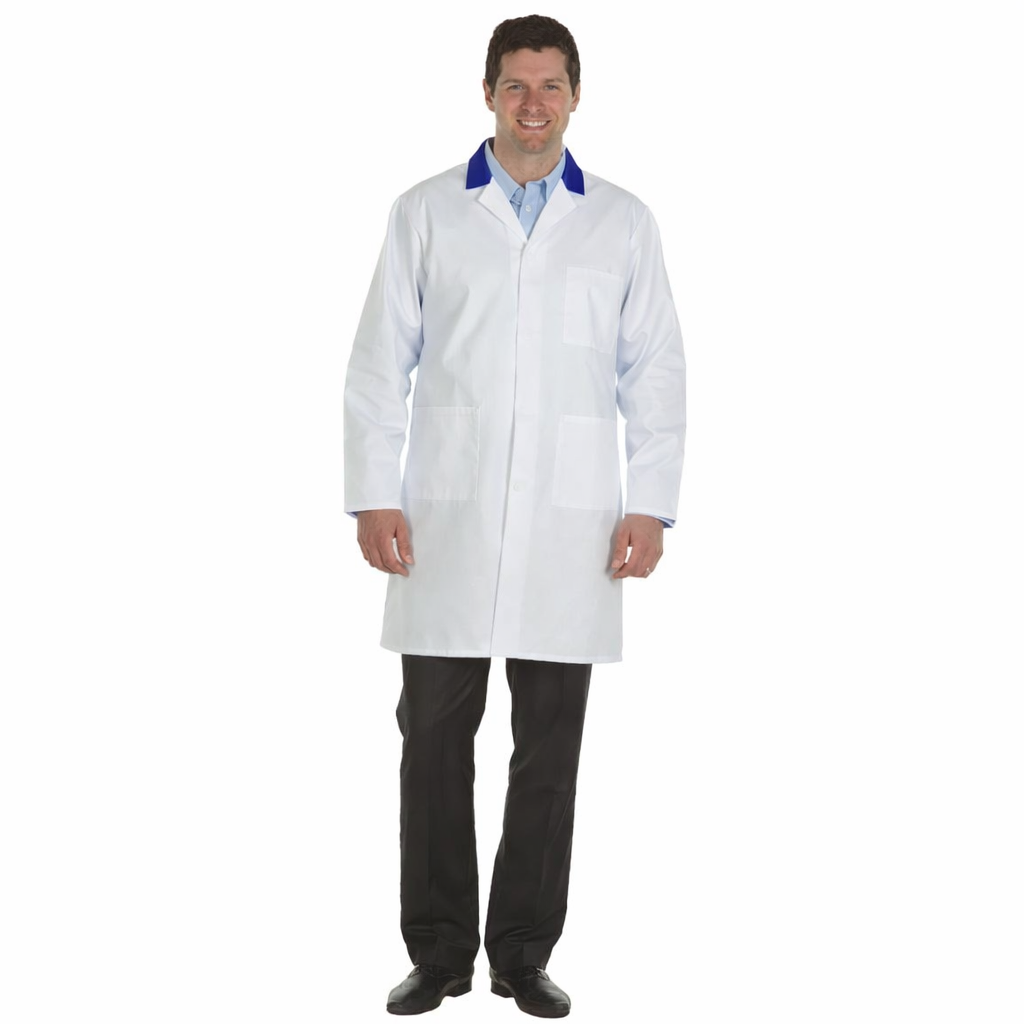 White Men's (Unisex) Lab Coat with Navy Collar