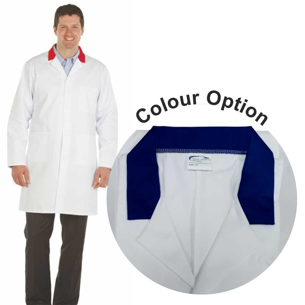 White Men's (Unisex) Lab Coat with Navy Collar