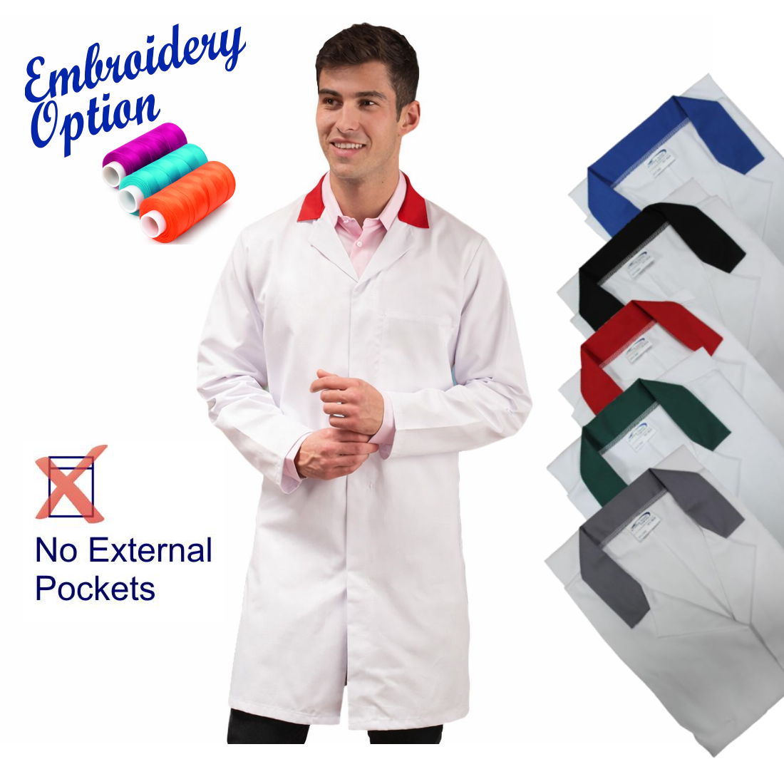 Embroidered White Men's (Unisex) Food Trade Coat with Coloured Collar