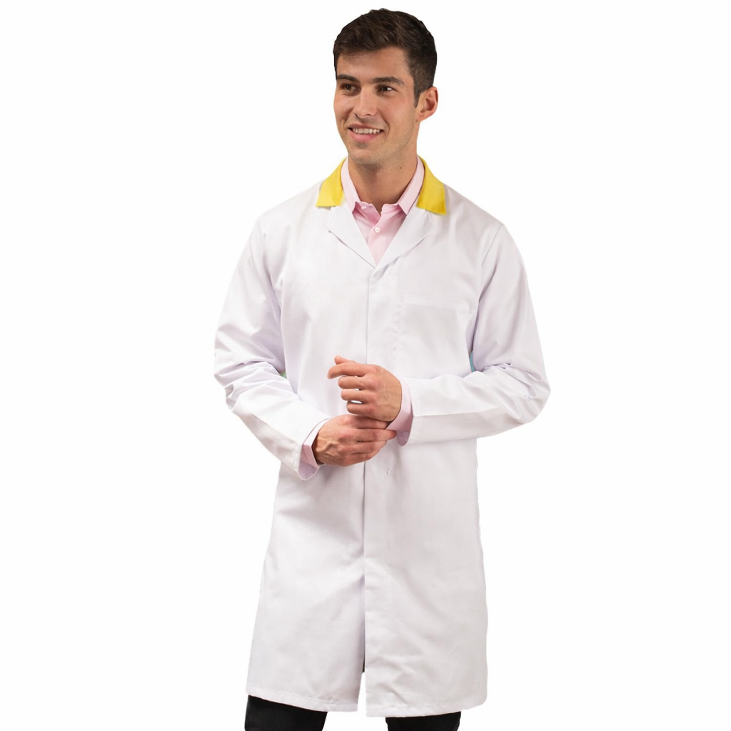 White Men's (Unisex) Food Trade Coat with Yellow Coloured Collar