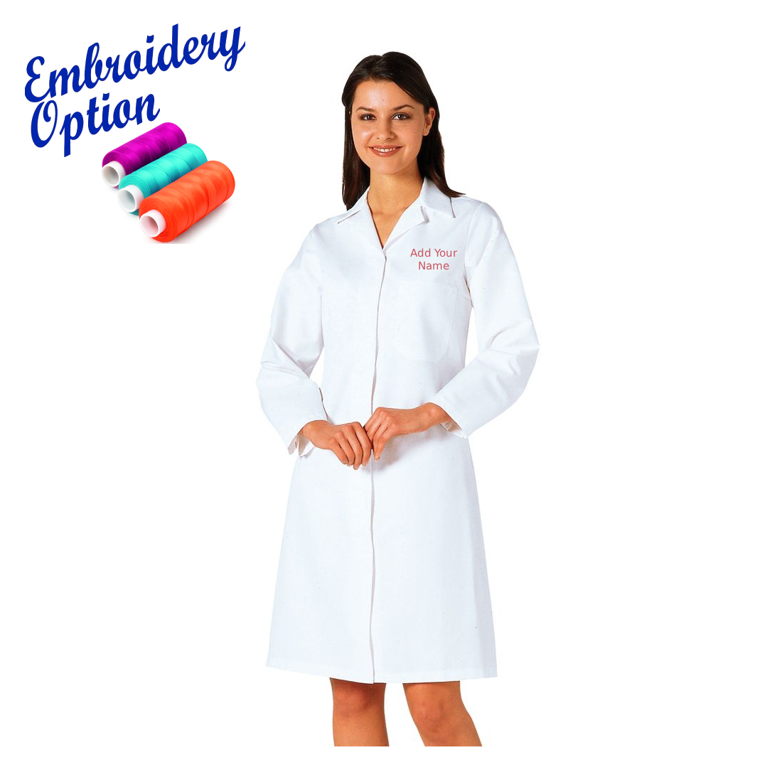 Embroidered Ladies White Food Trade Coat (No External Pockets)