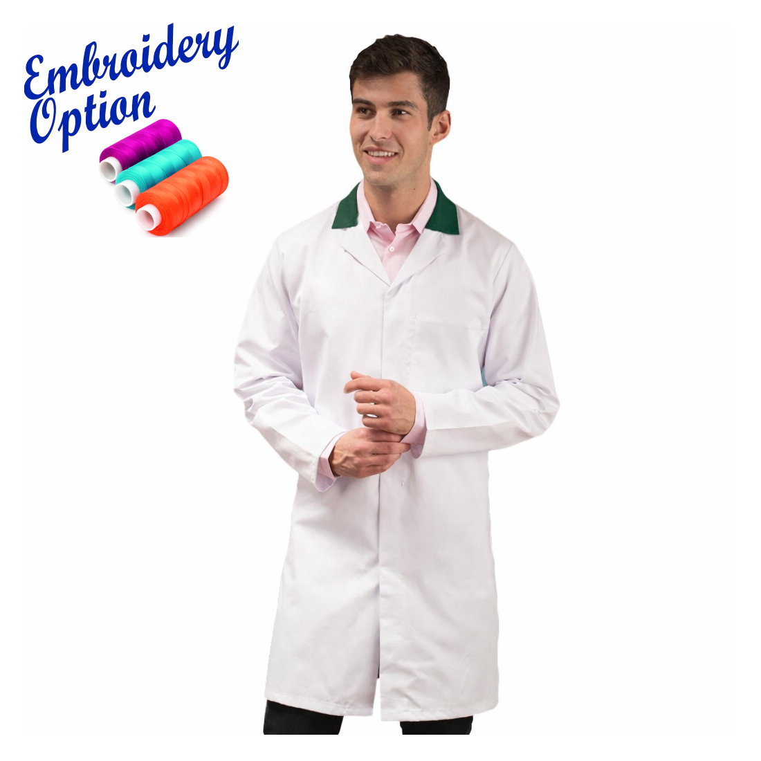 Embroidered White Men's (Unisex) Food Trade Coat with Coloured Collar