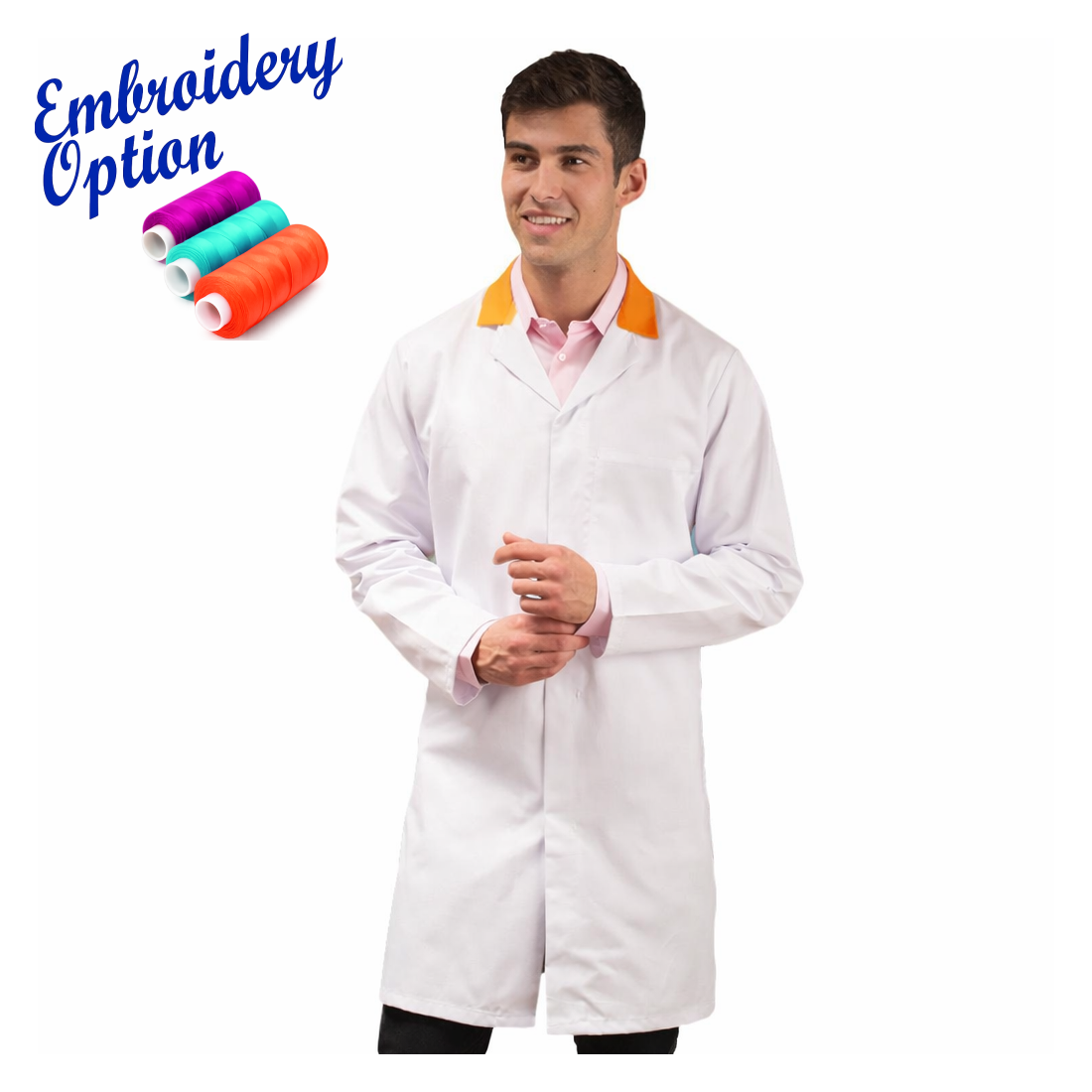 Embroidered White Men's (Unisex) Food Trade Coat with Coloured Collar