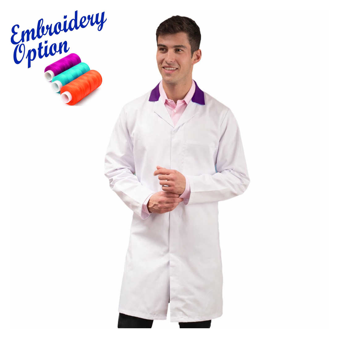Embroidered White Men's (Unisex) Food Trade Coat with Coloured Collar