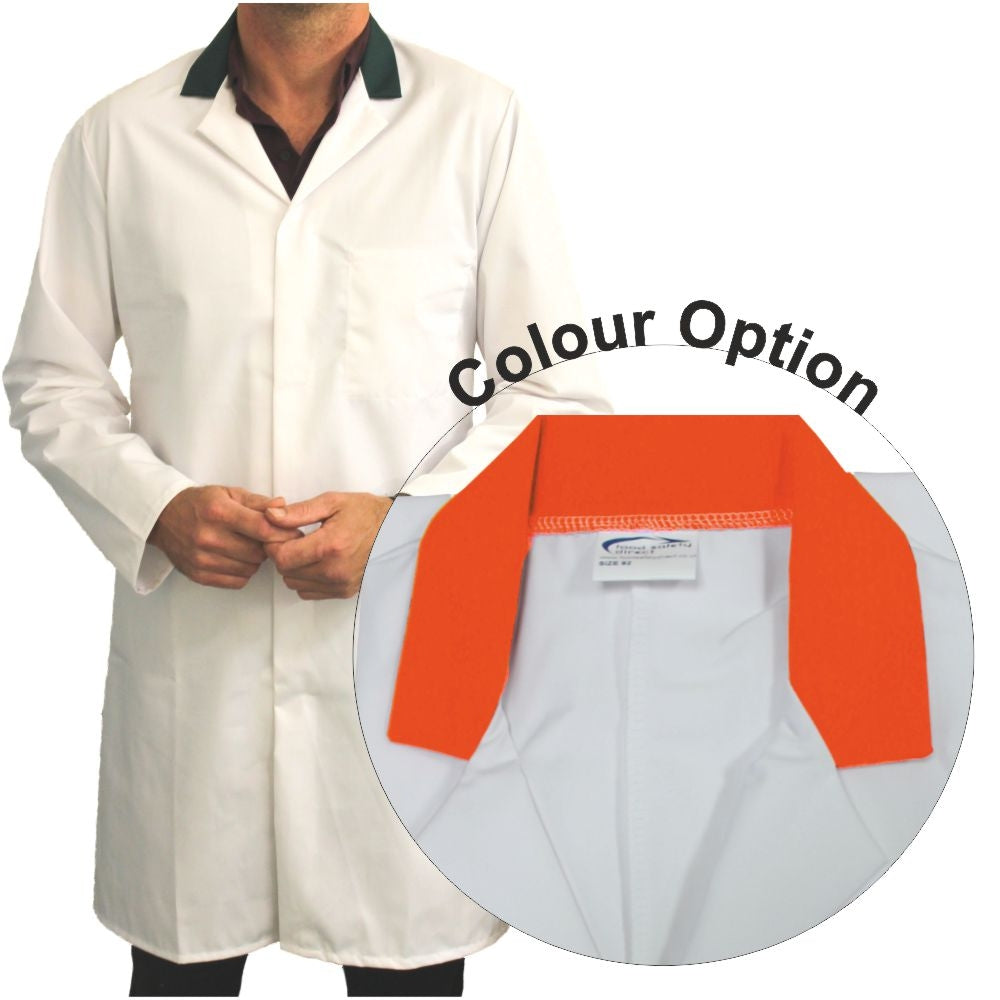 White Men's (Unisex) Food Trade Coat with Orange Coloured Collar