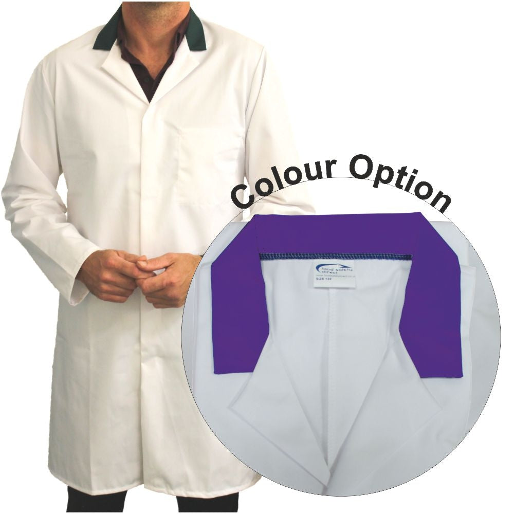 White Men's (Unisex) Food Trade Coat with Purple Coloured Collar