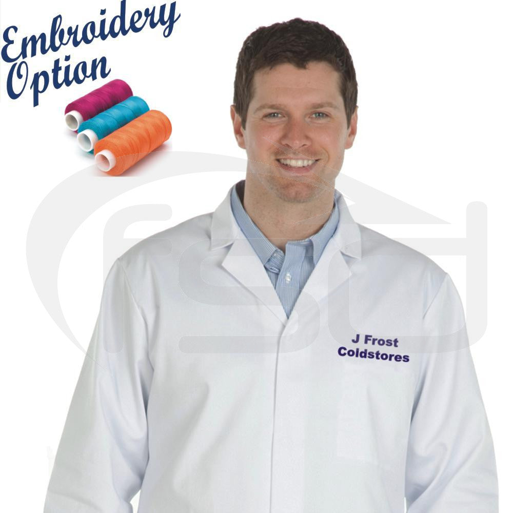 Embroidered White Men's (Unisex) Food Trade Coat (No External Pockets)