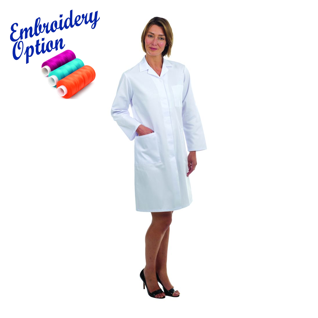Embroidered Ladies White Lab Coat - 245gm Polyester cotton