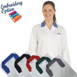 Embroidered Ladies White Lab Coat with Coloured Collar