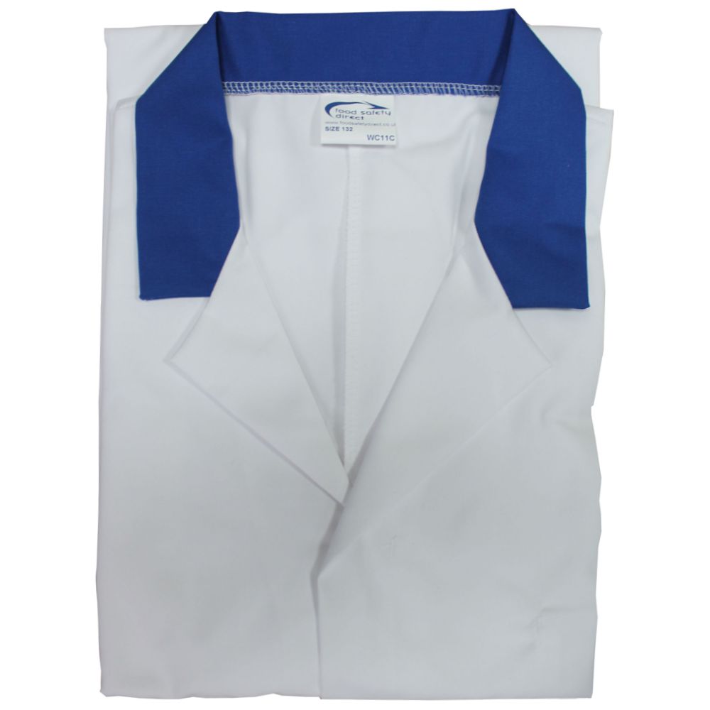 White Men's (Unisex) Food Trade Coat with Royal Blue Coloured Collar