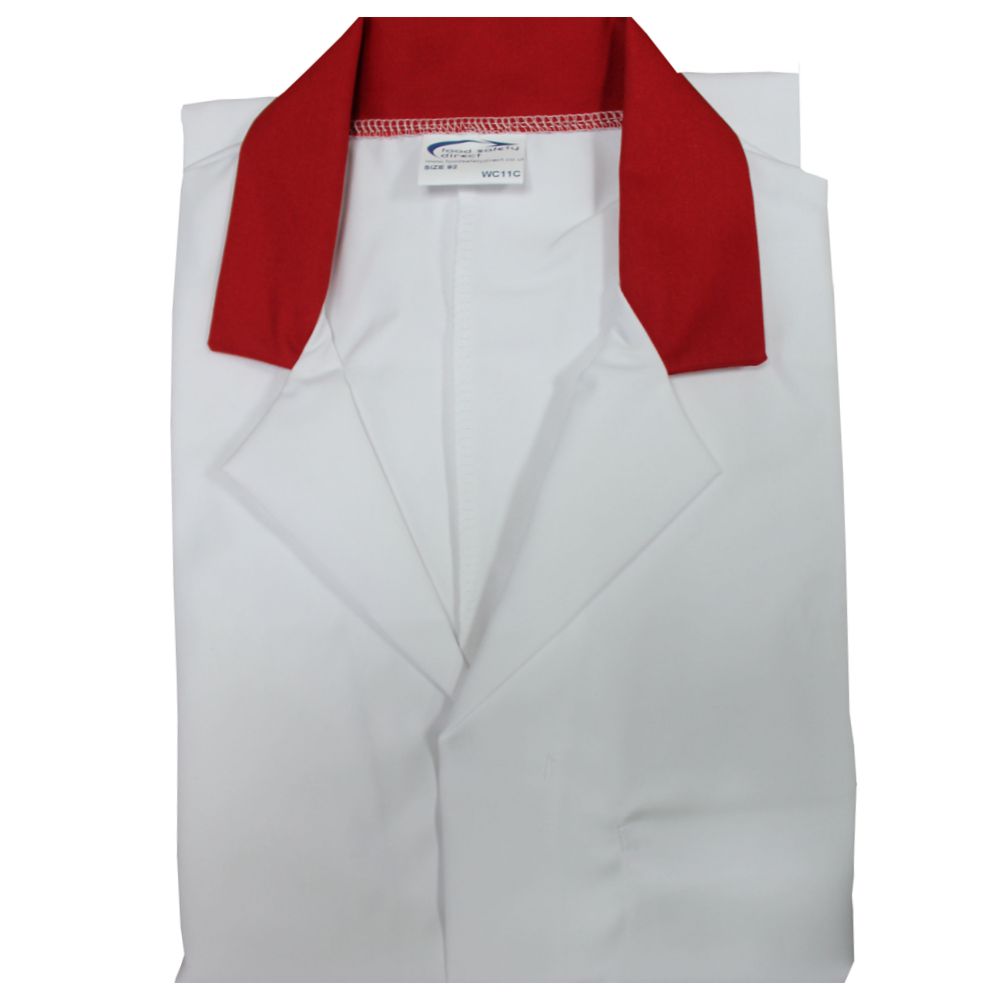 White Food Trade Coat with Red Coloured Collar - Men's (Unisex)