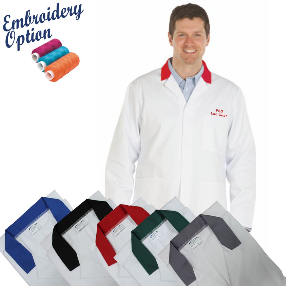 Embroidered Men's White Lab Coat with Coloured Collar