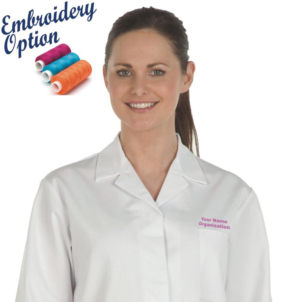 Embroidered Ladies White Lab Coat - 245gm Polyester cotton
