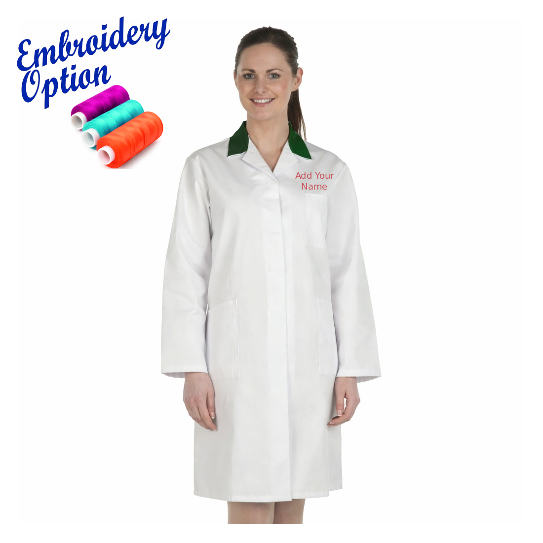 Embroidered Ladies White Lab Coat with Coloured Collar