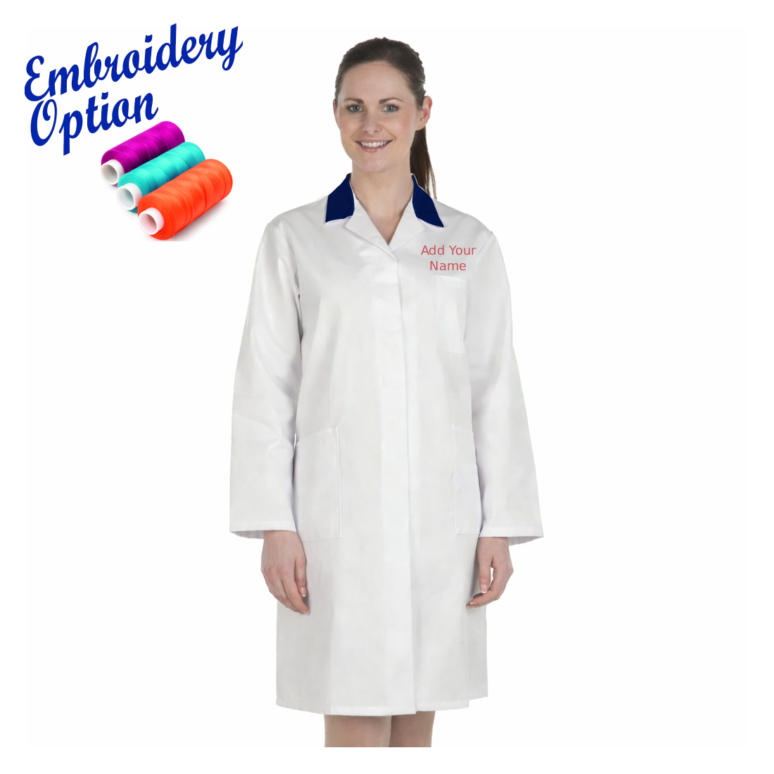 Embroidered Ladies White Lab Coat with Coloured Collar