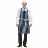 Person wearing a navy and white striped apron on a white background