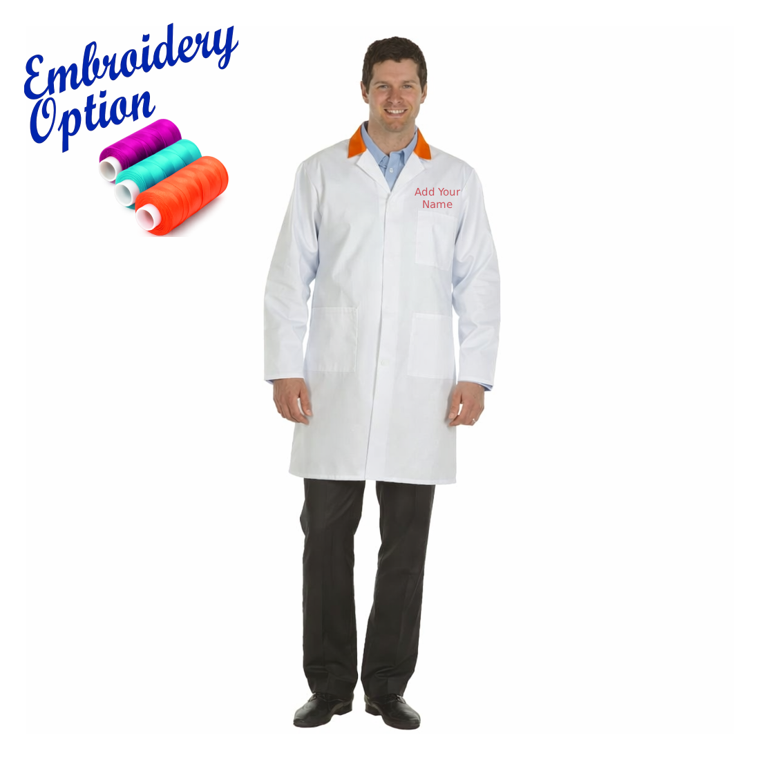 Embroidered Men's White Lab Coat with Coloured Collar
