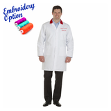 White lab coat with embroidery option text and colorful thread spools on a white background