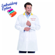 White lab coat with embroidery option text and colorful thread spools on a white background