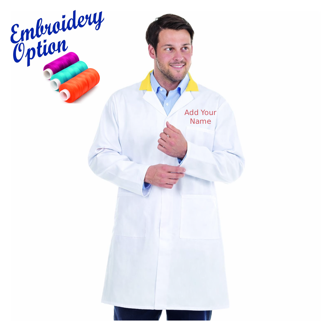 White lab coat with embroidery option text and colorful thread spools on a white background