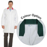 White Men's (Unisex) Lab Coat with Green Collar