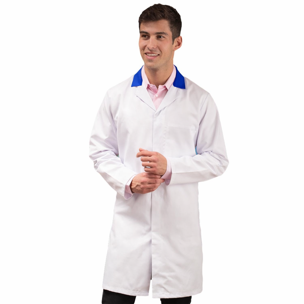White Men's (Unisex) Food Trade Coat with Royal Blue Coloured Collar