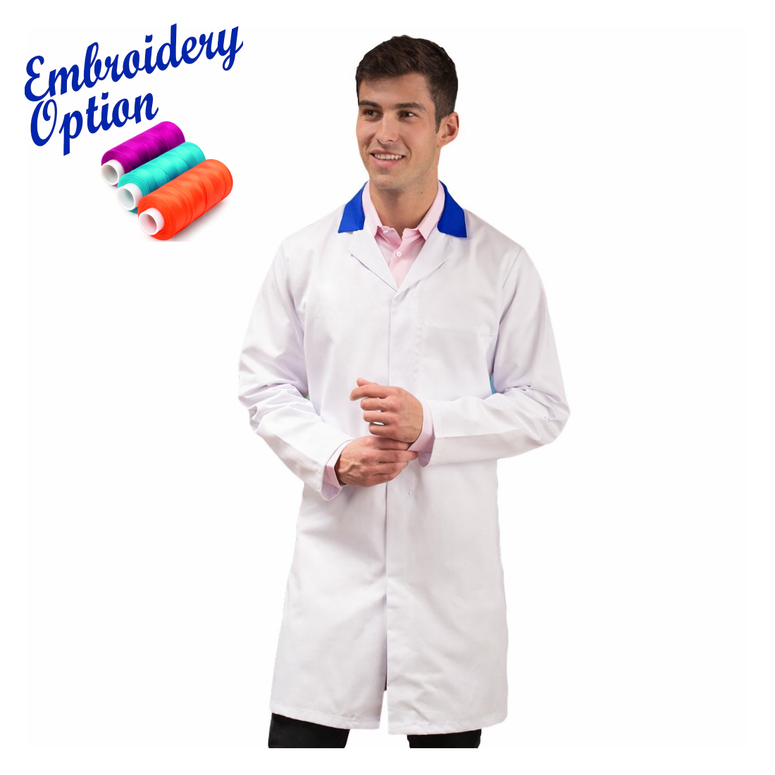 Embroidered White Men's (Unisex) Food Trade Coat with Coloured Collar